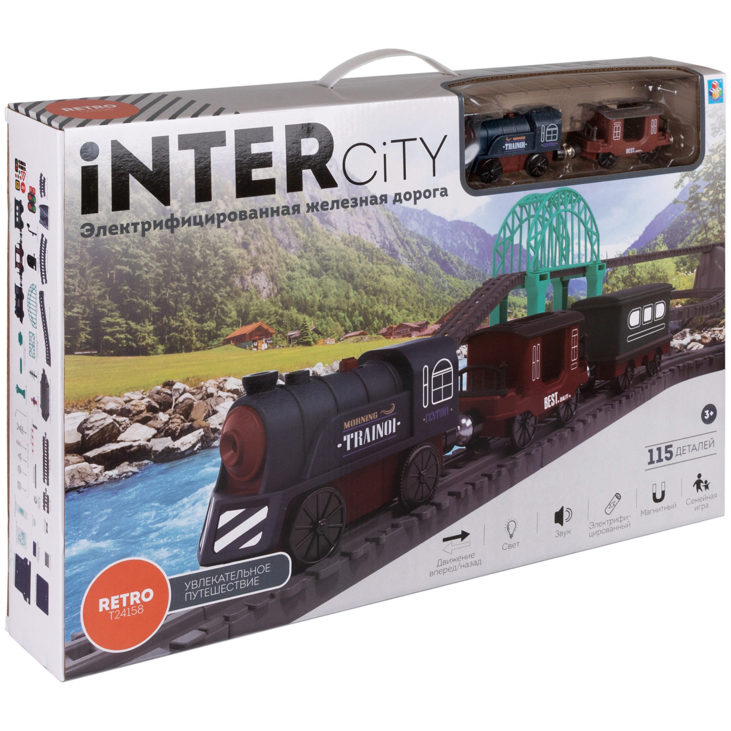 Детская железная дорога с электропоездом 1TOY InterCity, со светом, звуком, паровоз на рельсах, в подарочном наборе, 115 деталей