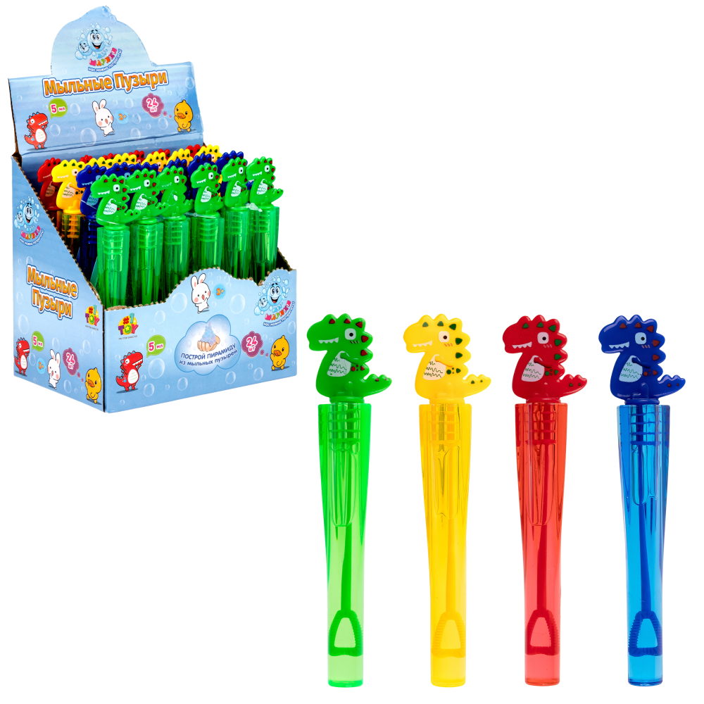 Неломающиеся мыльные пузыри 1TOY «Динозавры» с фигурной крышкой, 5 мл