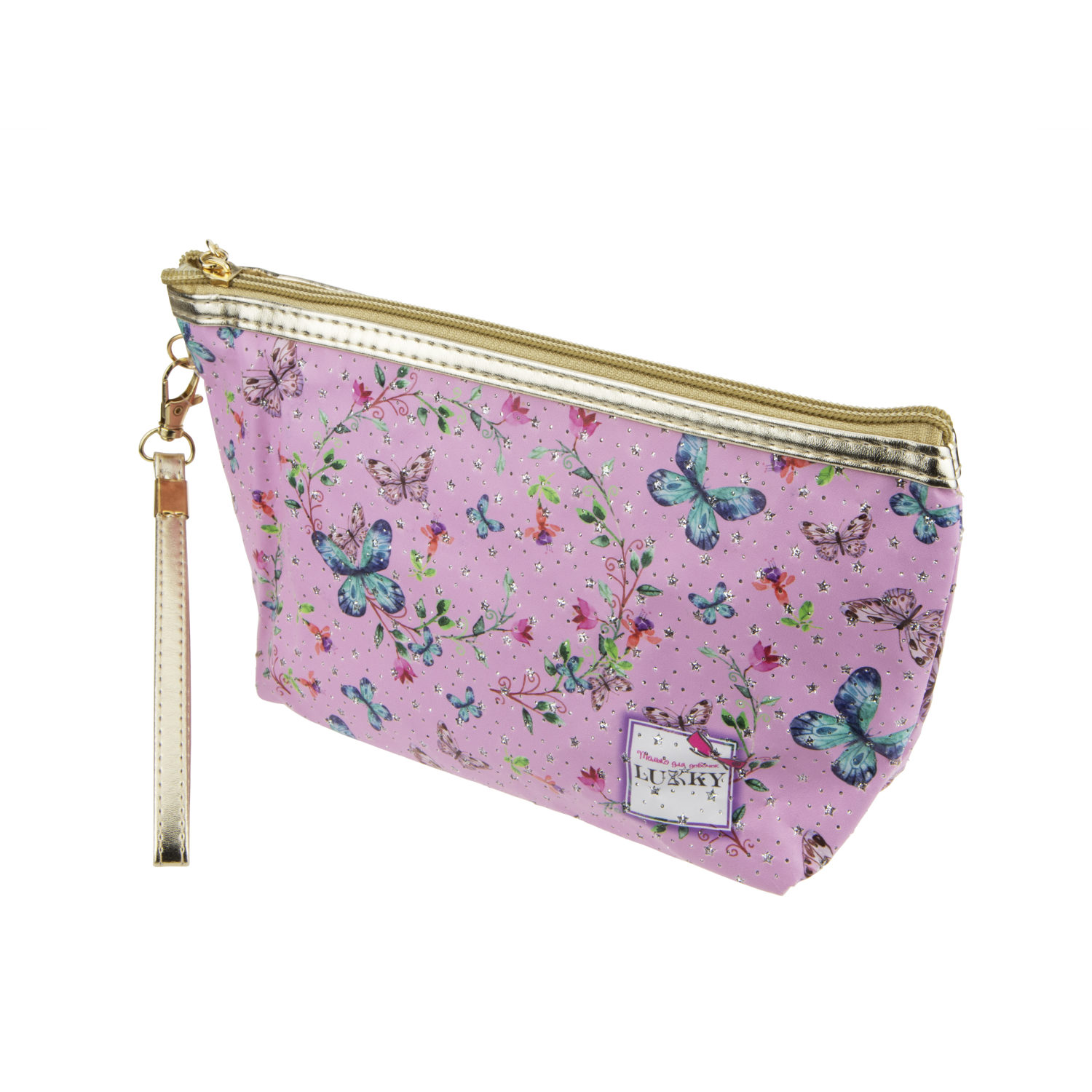 Косметичка LUKKY розовая с принтом и блёстками, 24х7 см