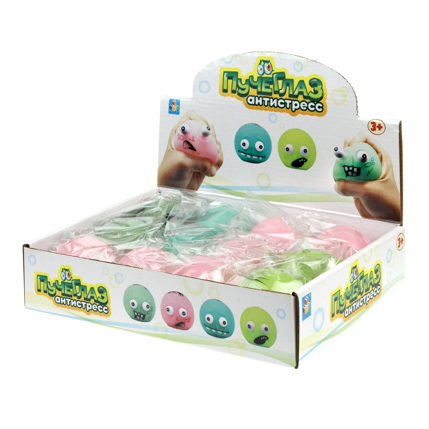 1toy Пучеглаз-антистресс "Зомби" 5,5х5x4,7 см, 4 вида в асс., 12 шт. в д/б