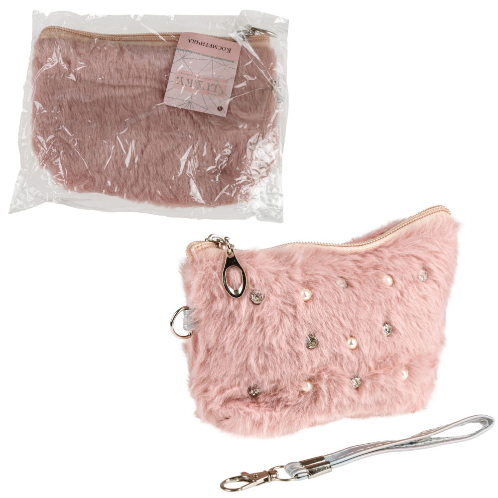 Косметичка плюшевая Lukky Diamond со стразами и жемчужинами, розовая,10*15 см