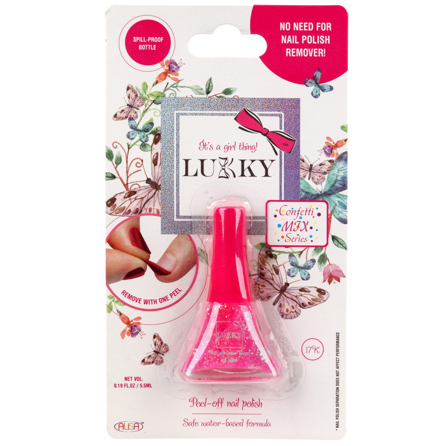 Детский лак для ногтей на водной основе с блестками Lukky, Конфетти-Микс, безопасный, малиновый перламутр с блёстками, блистер, 5,5 мл