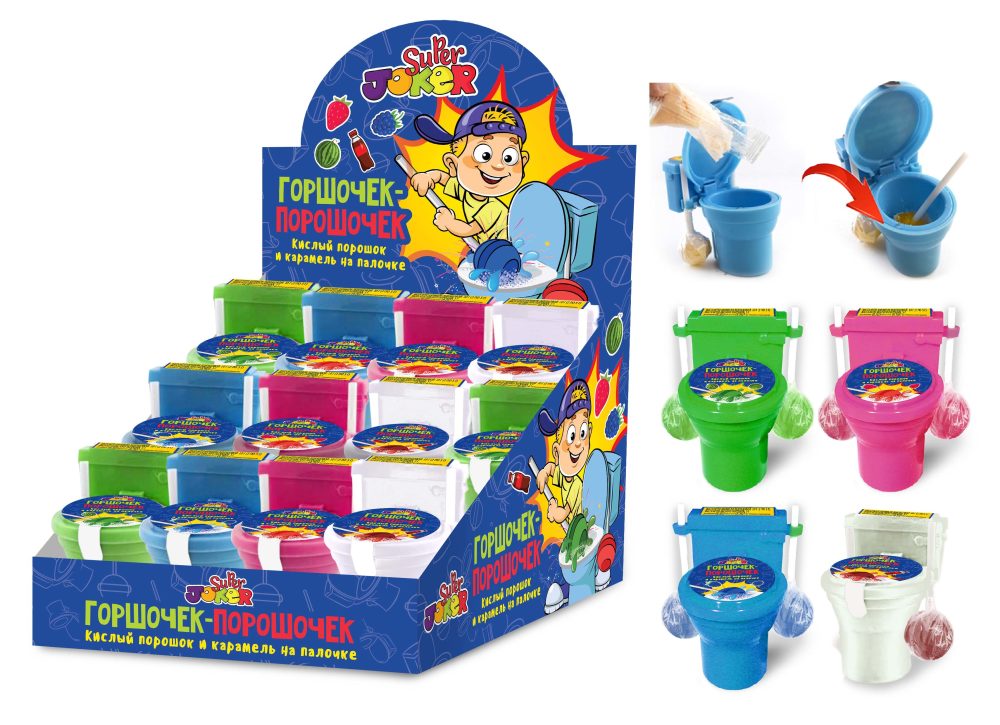 SUPER JOKER Горшочек-порошочек, кислый порошок и карамель на палочке 2шт., блок 24 шт. (15г х 24 х 12)