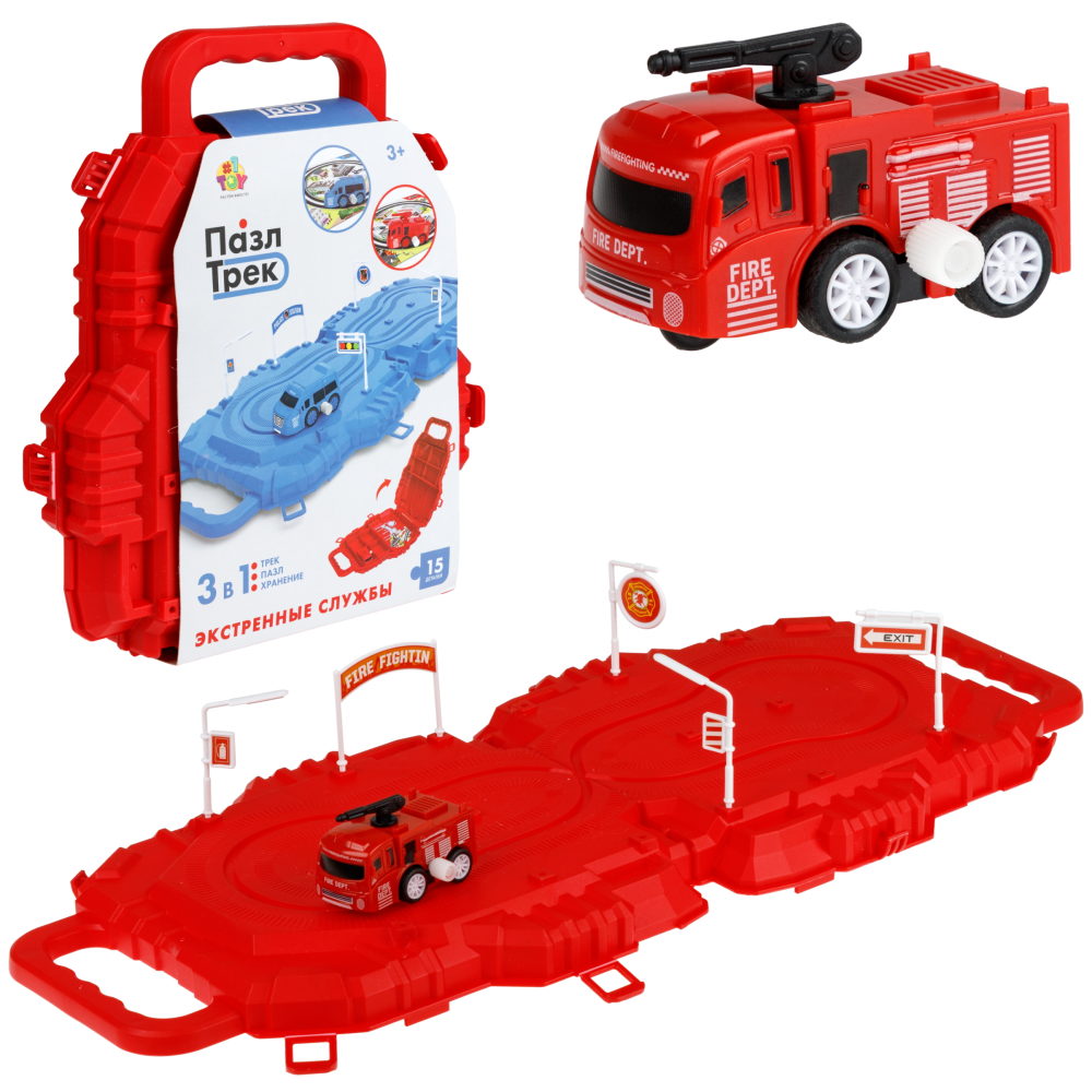 Игровой набор 1TOY Пазл-трек "Экстренные службы пожарная команда" с машинкой, 15 деталей