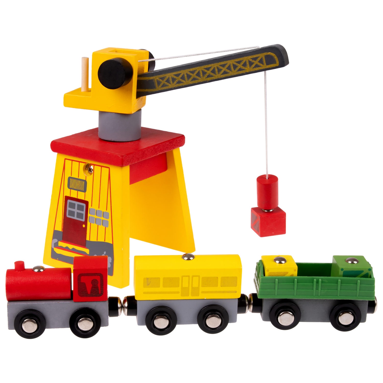 1TOY Goodok наб. аксессуаров для ж/д «Грузовой пункт»:дерев.вращ.подъемный кран с магнитом,дерев.поездом с 3вагонами и 5 грузами на магнитах,кор.